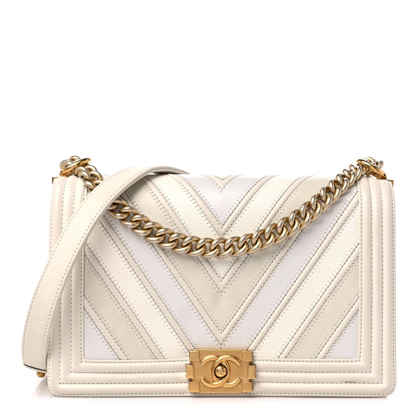 Caviar Suede Calfskin Chevron New Medium Boy Flap White