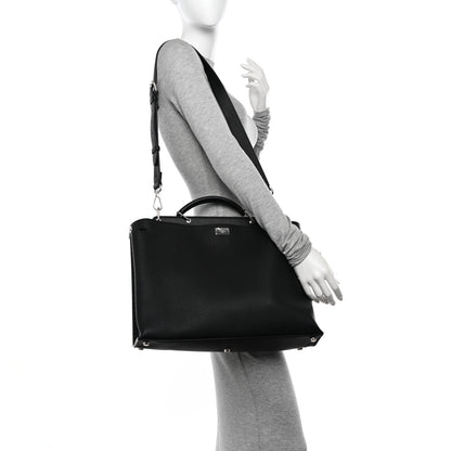 Fendi Cuoio Romano Selleria Vitello Grace Glazed Fabric FF 1974 Large Peekaboo Iconic Essential Satchel Black 2 of 10