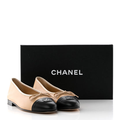 Chanel Lambskin Cap Toe CC Ballerina Flats 38 Beige Black 15 of 15