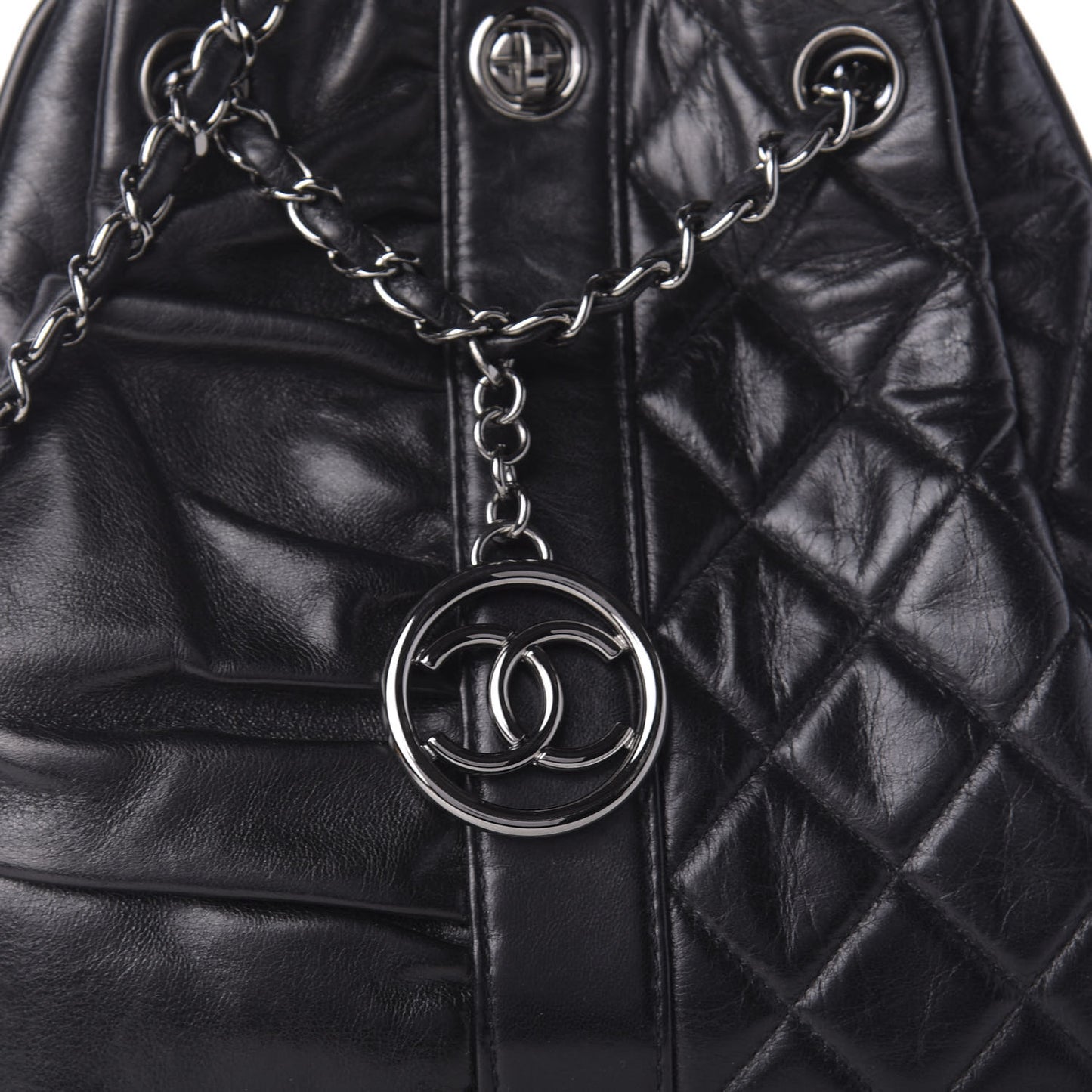 Lambskin Quilted Pile Ou Face Drawstring Bag Black