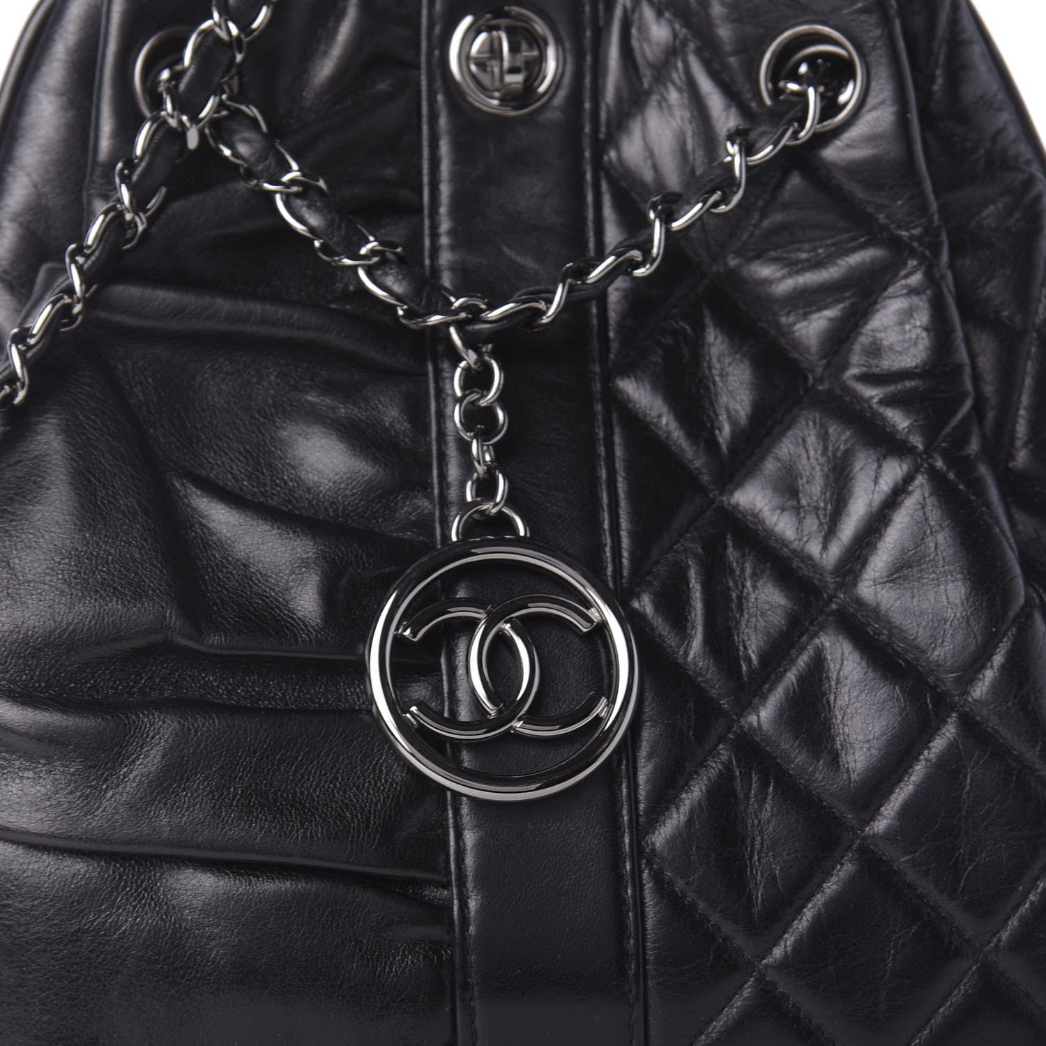 Chanel Lambskin Quilted Pile Ou Face Drawstring Bag Black 10 of 10