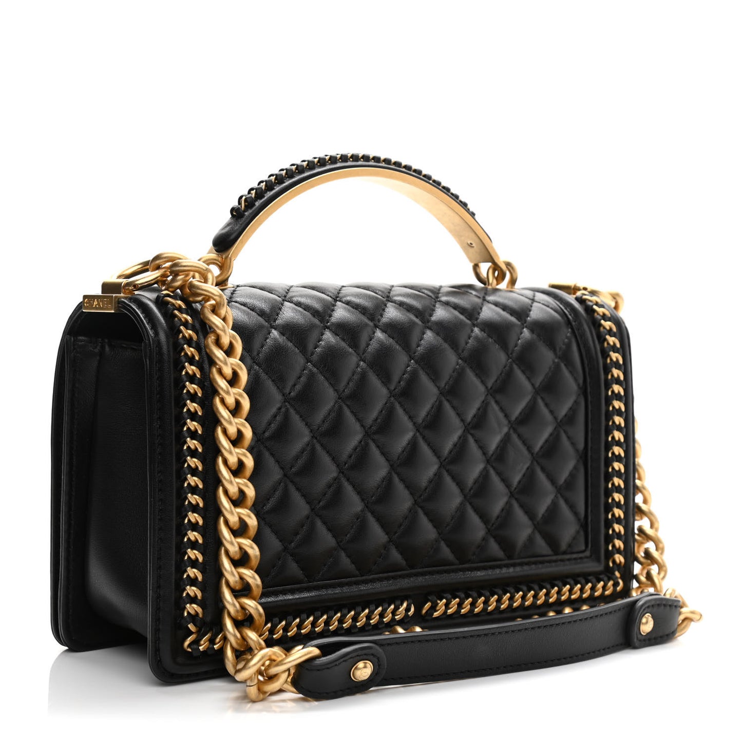 Lambskin Quilted Medium Top Handle Boy Flap Black