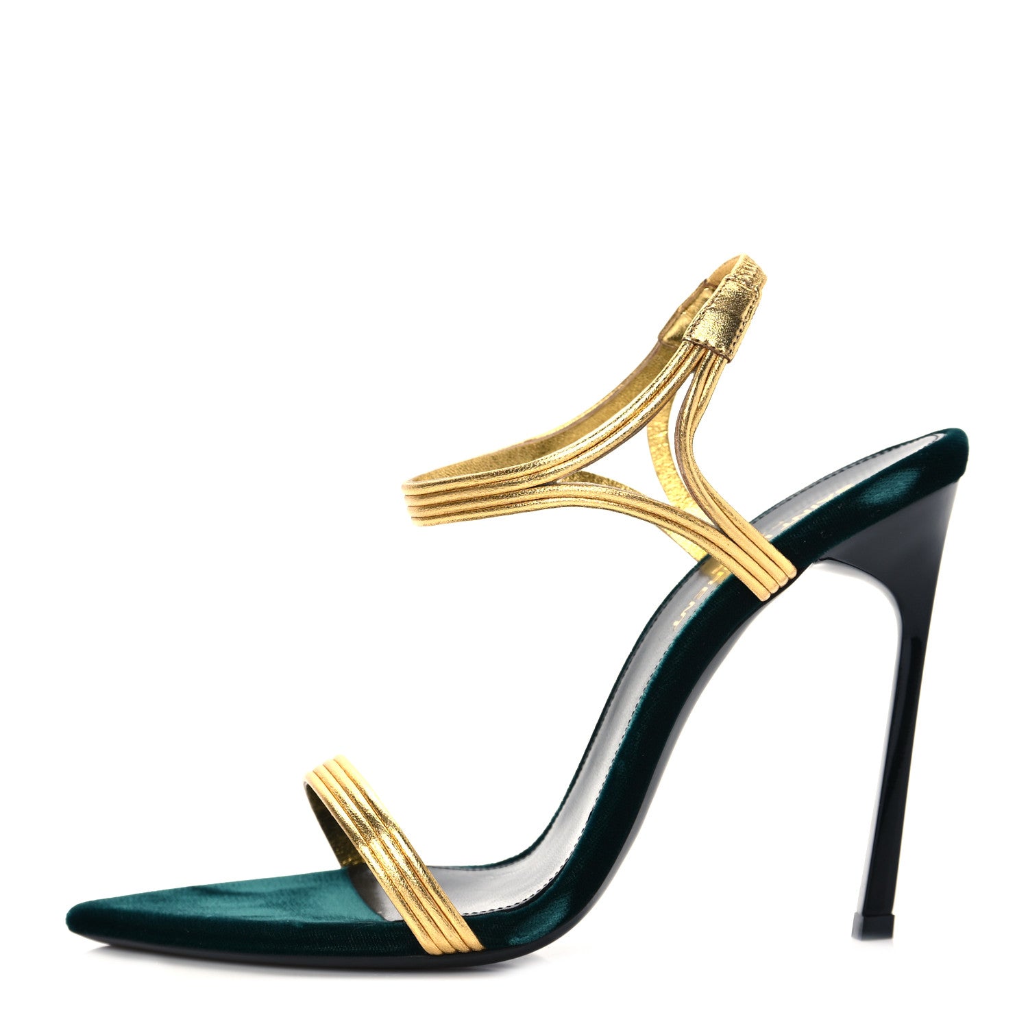 Saint Laurent Metallic Velvet Talitha Ankle Strap Sandals 39 Green Gold 1 of 9