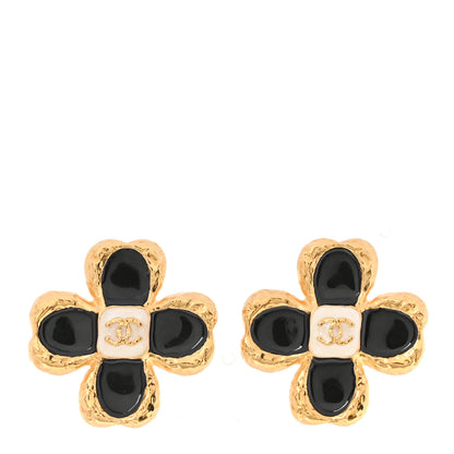 Chanel Resin Metal Glass CC Clover Earrings Gold Black White 1 of 4