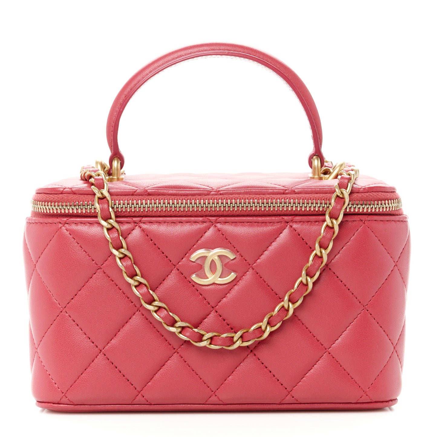 Lambskin Quilted Small Top Handle Vanity Case With Chain Dark Pink