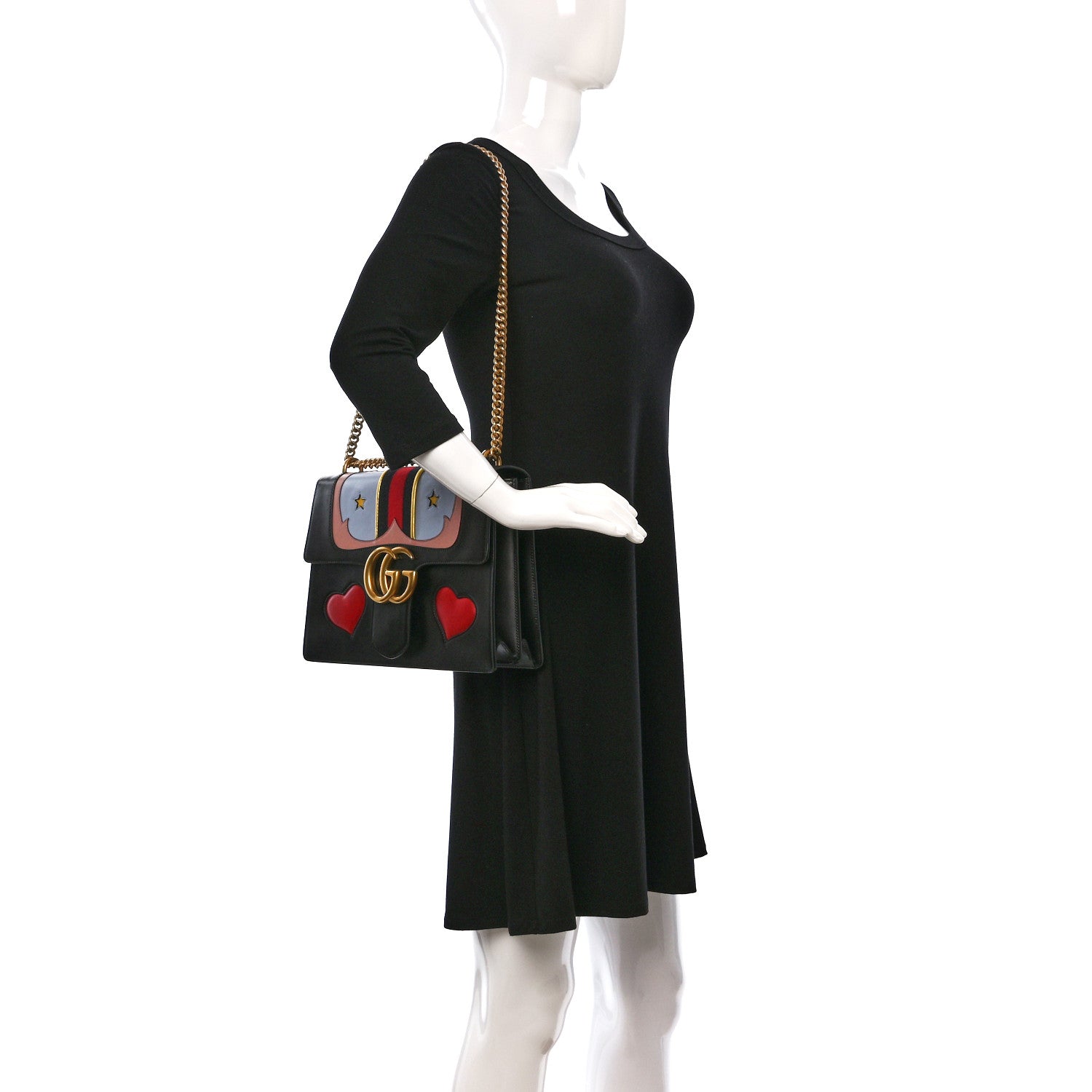 Gucci Calfskin Web Heart Medium GG Marmont Chain Handle Bag Black 2 of 9