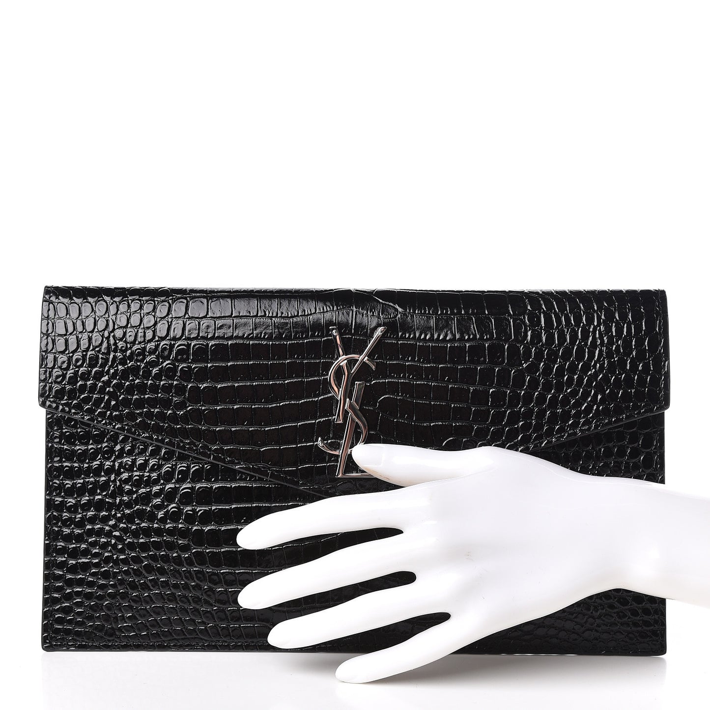 Calfskin Crocodile Embossed Uptown Monogram Clutch Black