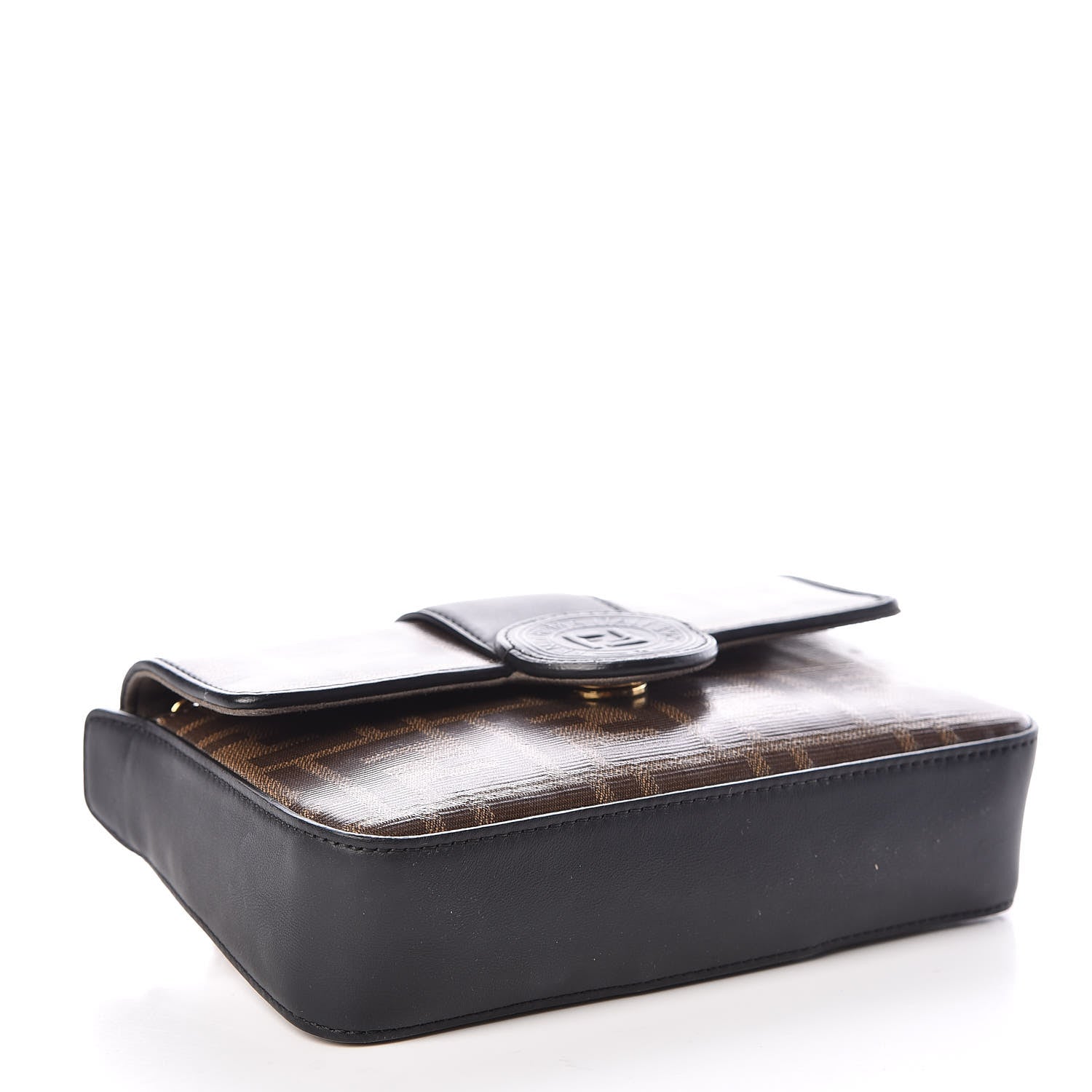 Fendi Glazed Fabric Vitello Century FF 1974 Stamp Patch Mini Double F Crossbody Bag Mogano Panna Black 4 of 9