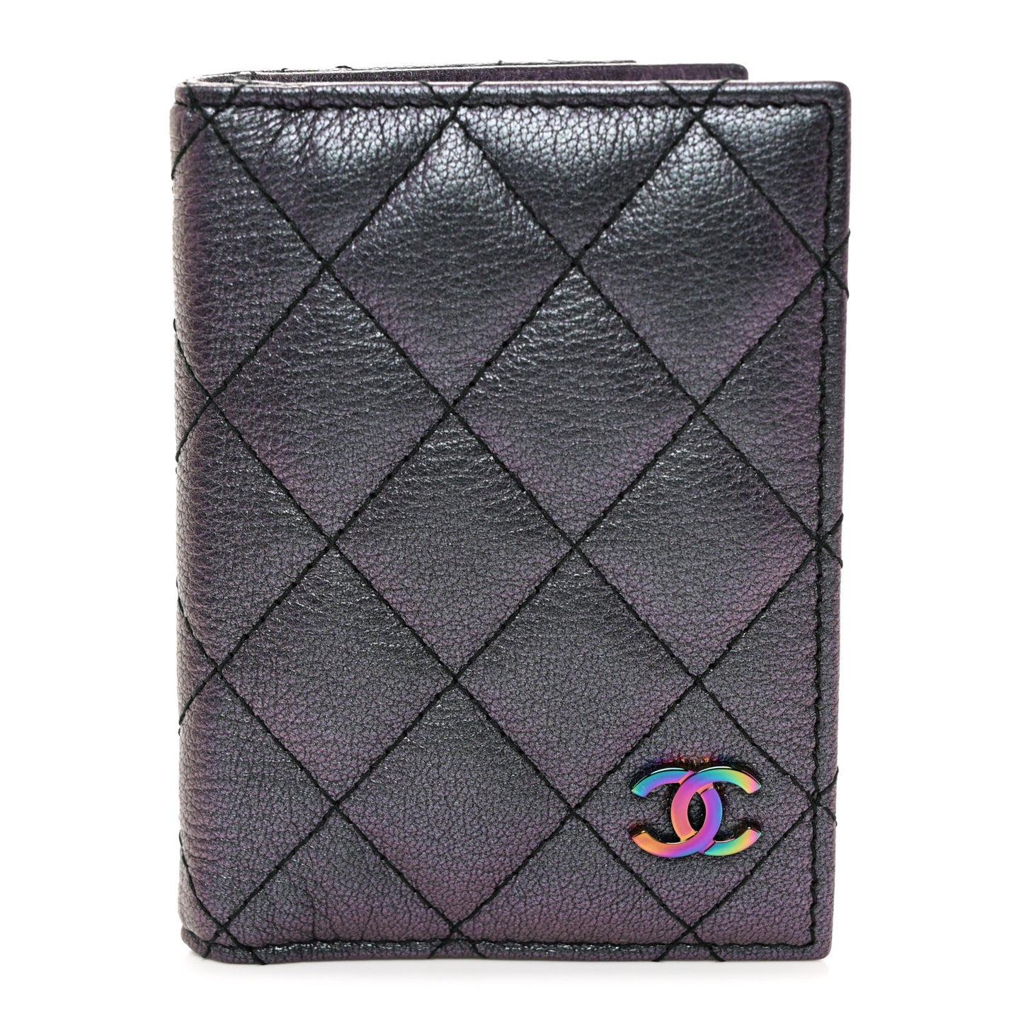 Iridescent Goatskin Quilted Card Holder Purple