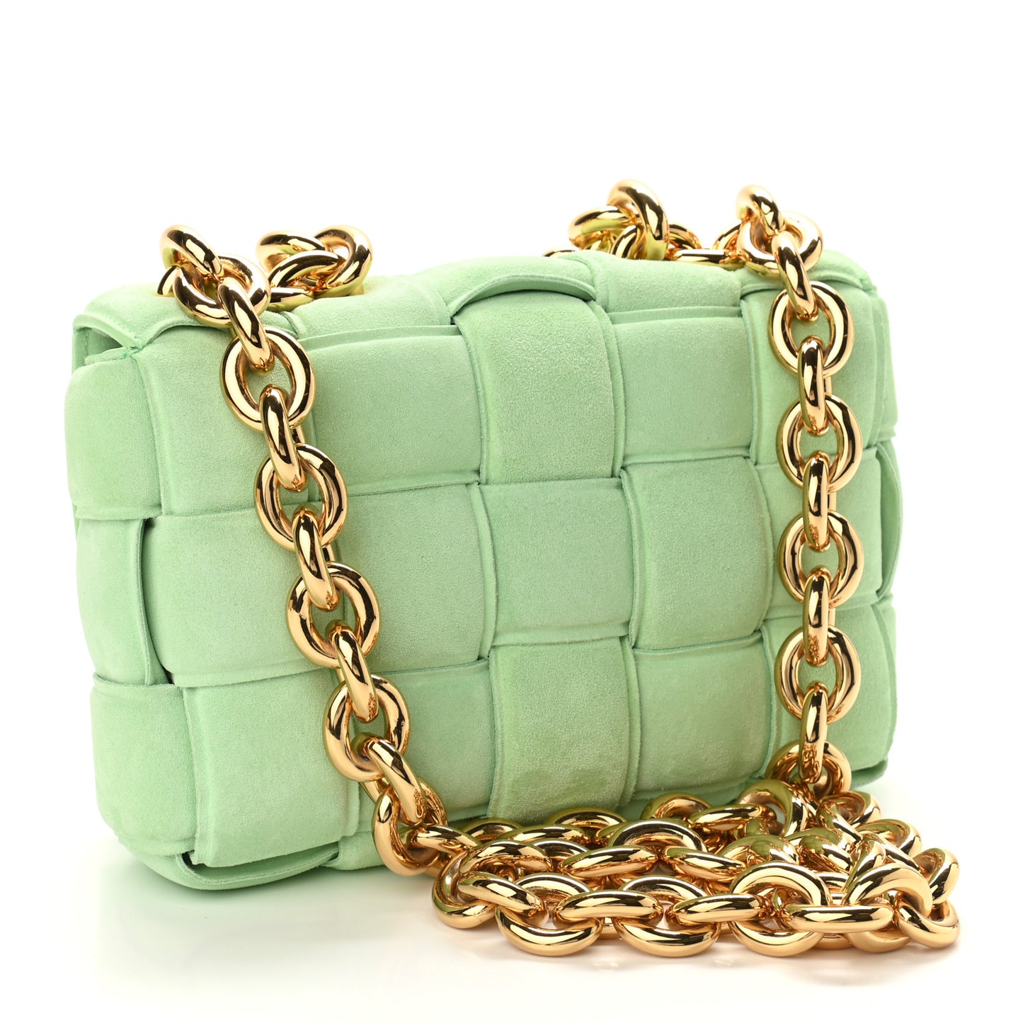 Suede Maxi Intrecciato Padded Chain Cassette Crossbody Bag Wasabi