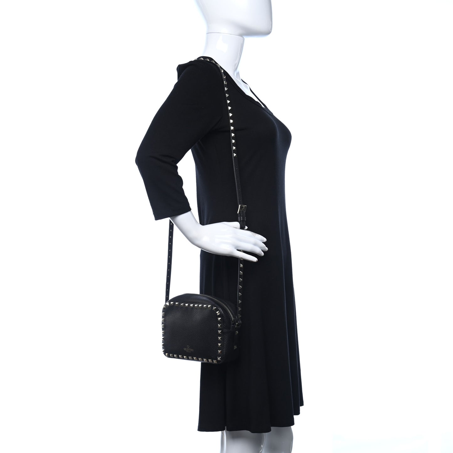 Pebbled Calfskin Rockstud Camera Crossbody Bag Black