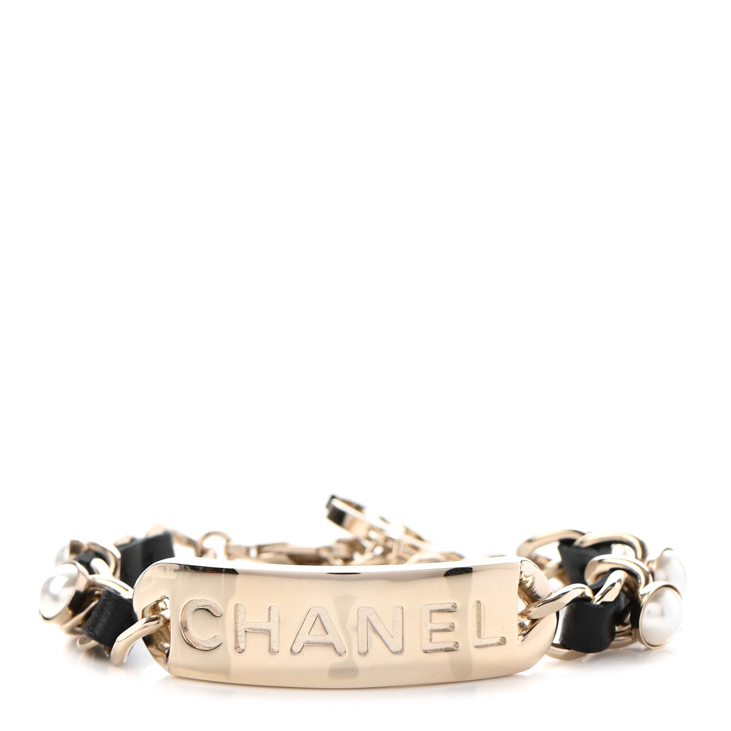 Chanel Metal Lambskin Pearl Name Plate Bracelet Black Gold 1 of 5