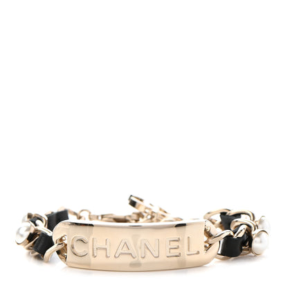Chanel Metal Lambskin Pearl Name Plate Bracelet Black Gold 1 of 5