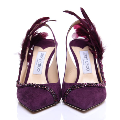 Jimmy Choo Suede Crystal Feather Tacey 100 Pumps 37 Grape 2 of 10