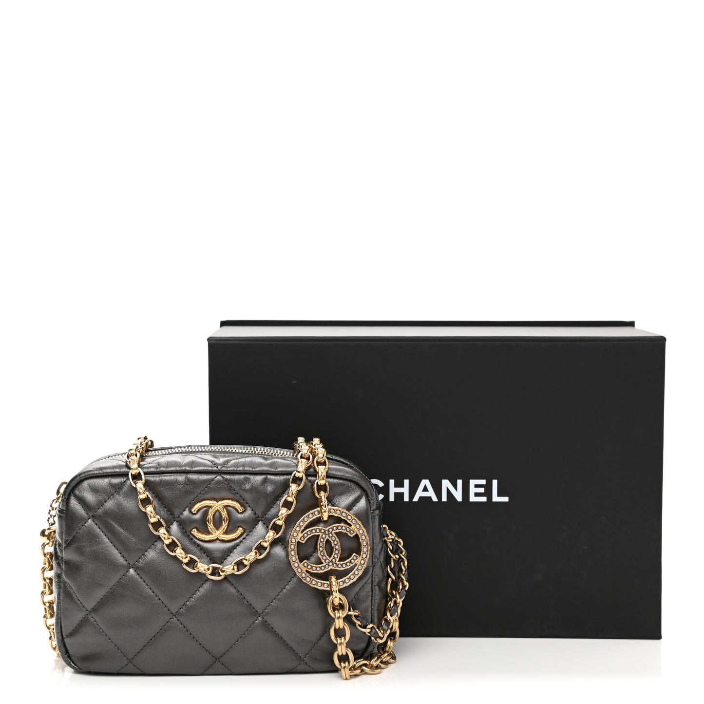 Metallic Calfskin Pearl Quilted CC Mini Camera Case Ruthenium