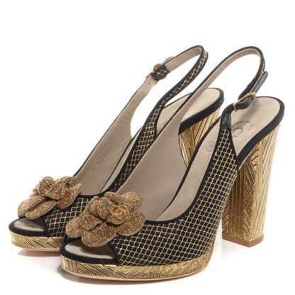 Chanel Latice Camellia Slingback Pumps 37.5 Black Gold 3 of 8