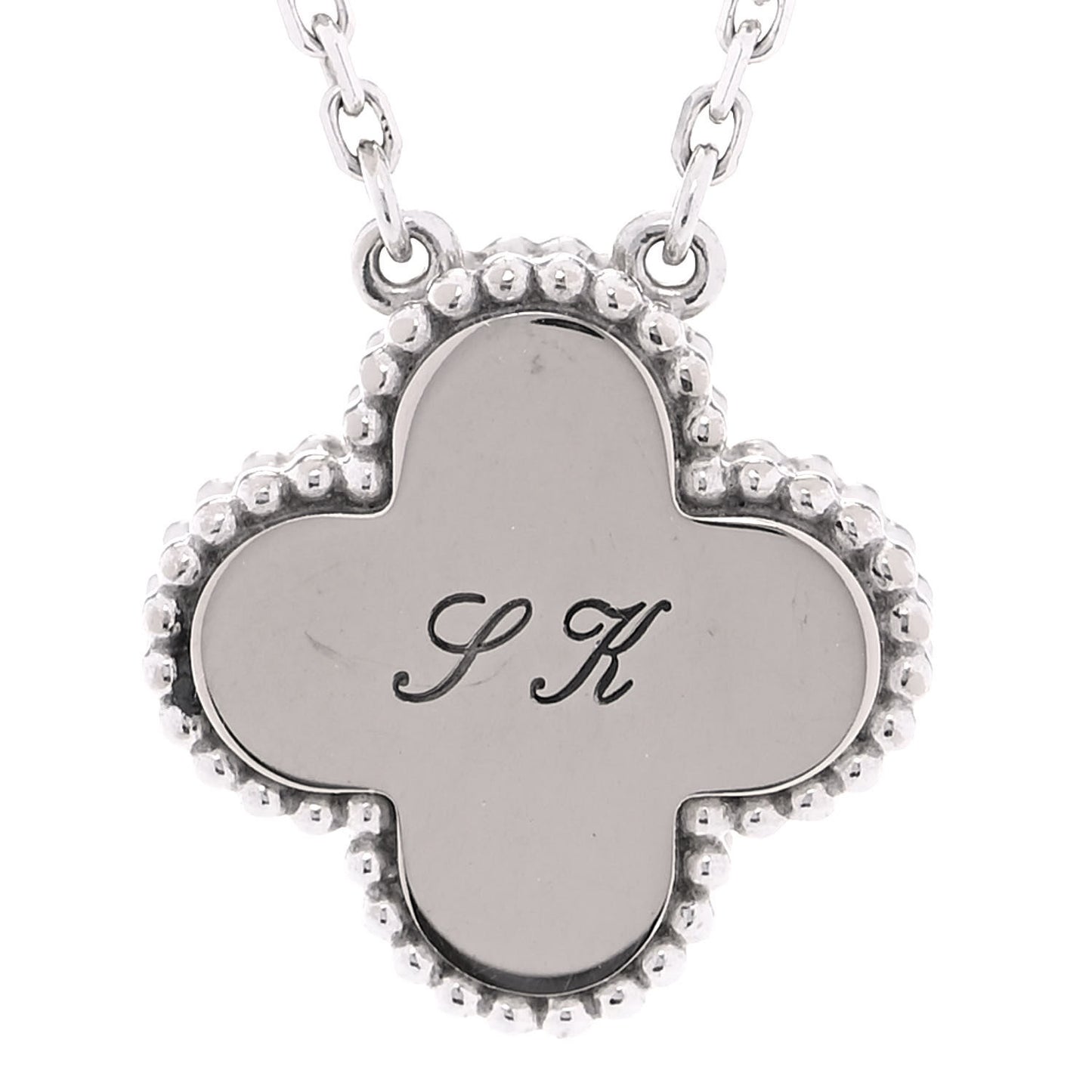 18K White Gold Diamond Guilloche Vintage Alhambra Pendant Necklace