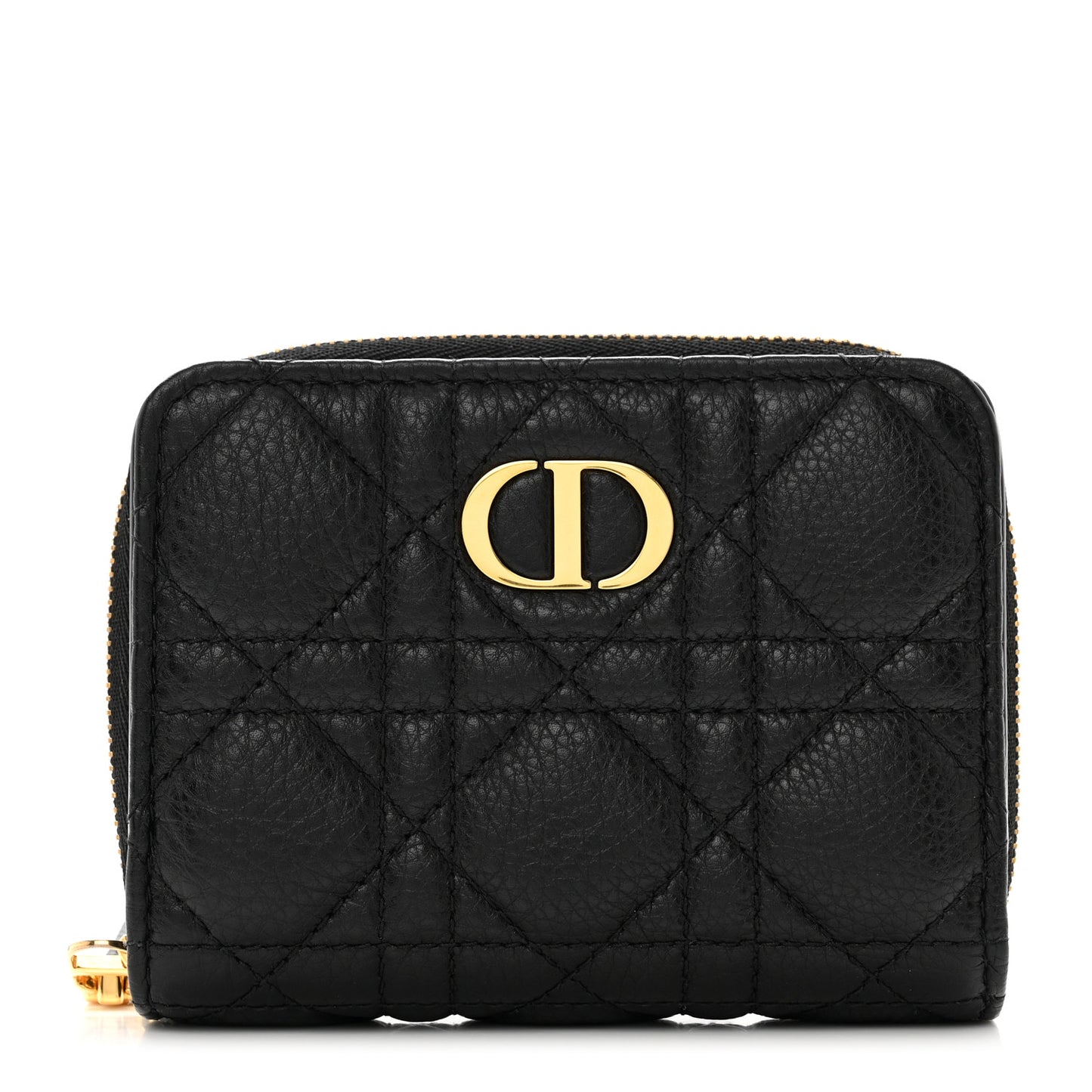 Grained Calfskin Supple Cannage Caro Compact Zip Card Wallet Black
