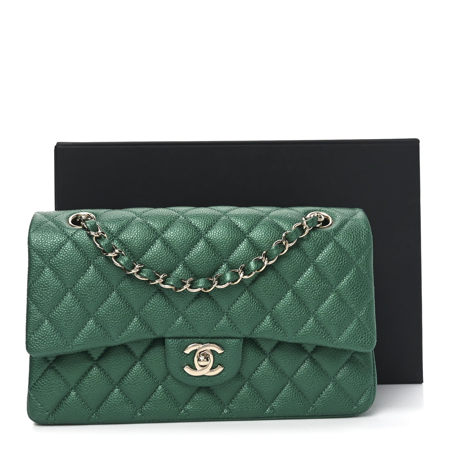 Metallic Caviar Quilted Medium Double Flap Green