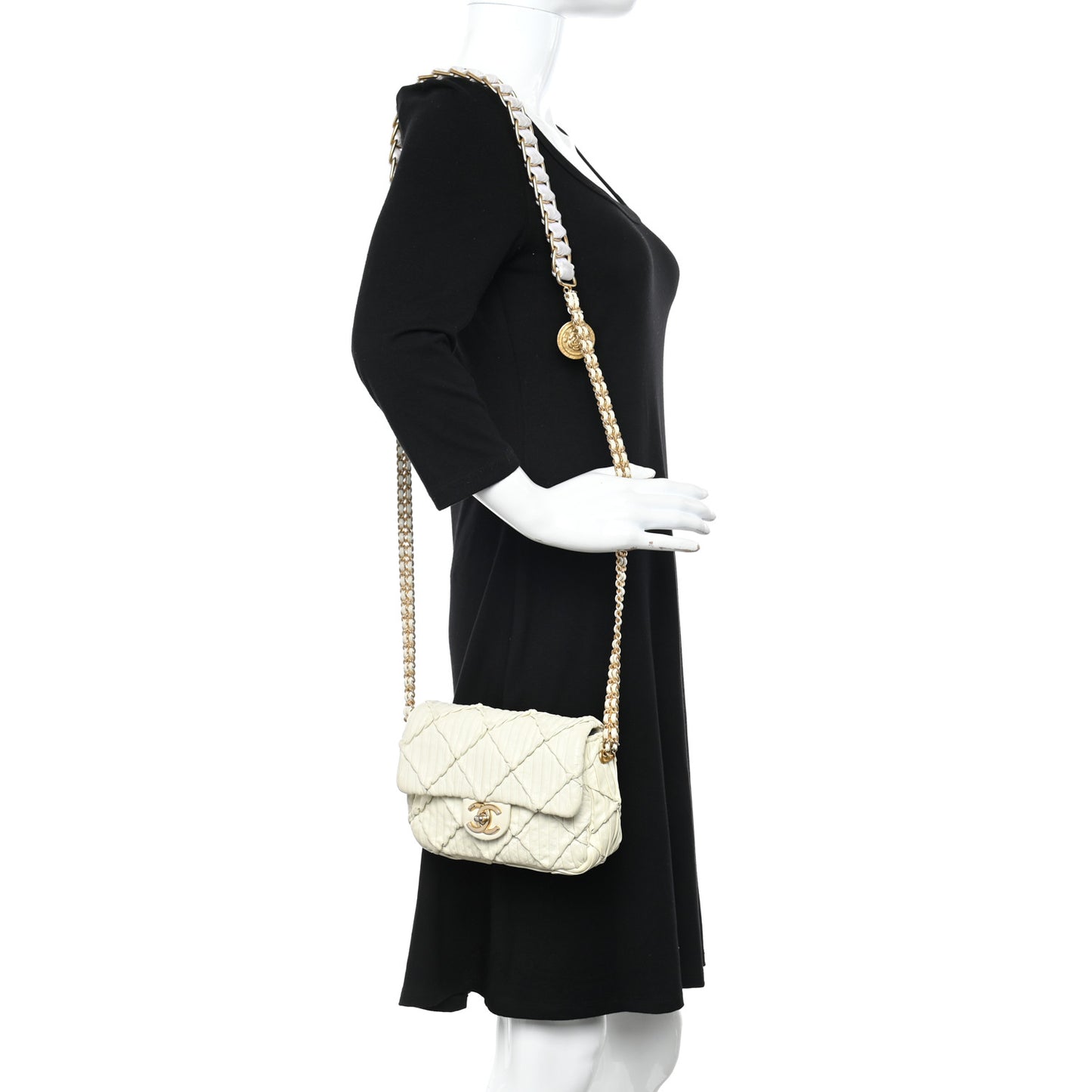 Pleated Calfskin Quilted Medallion Flap White