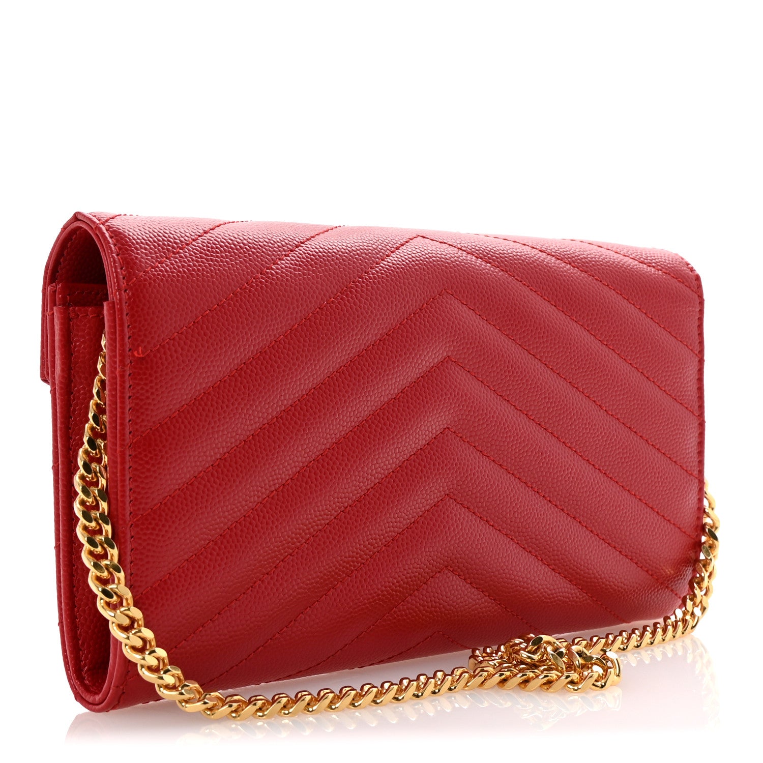 Saint Laurent Grain De Poudre Matelasse Chevron Small Monogram Chain Wallet Red 3 of 11