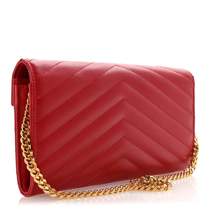 Saint Laurent Grain De Poudre Matelasse Chevron Small Monogram Chain Wallet Red 3 of 11