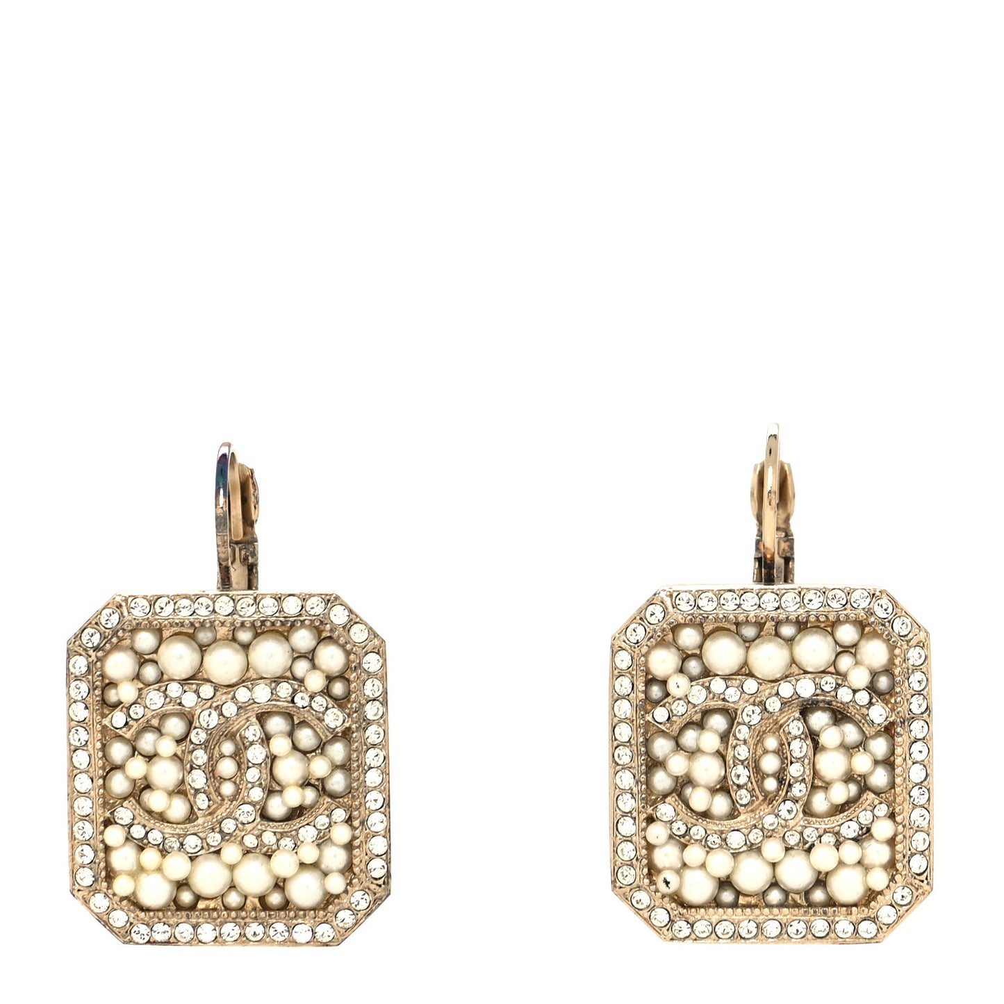 Crystal Pearl CC Square Drop Earrings Gold Pearly White