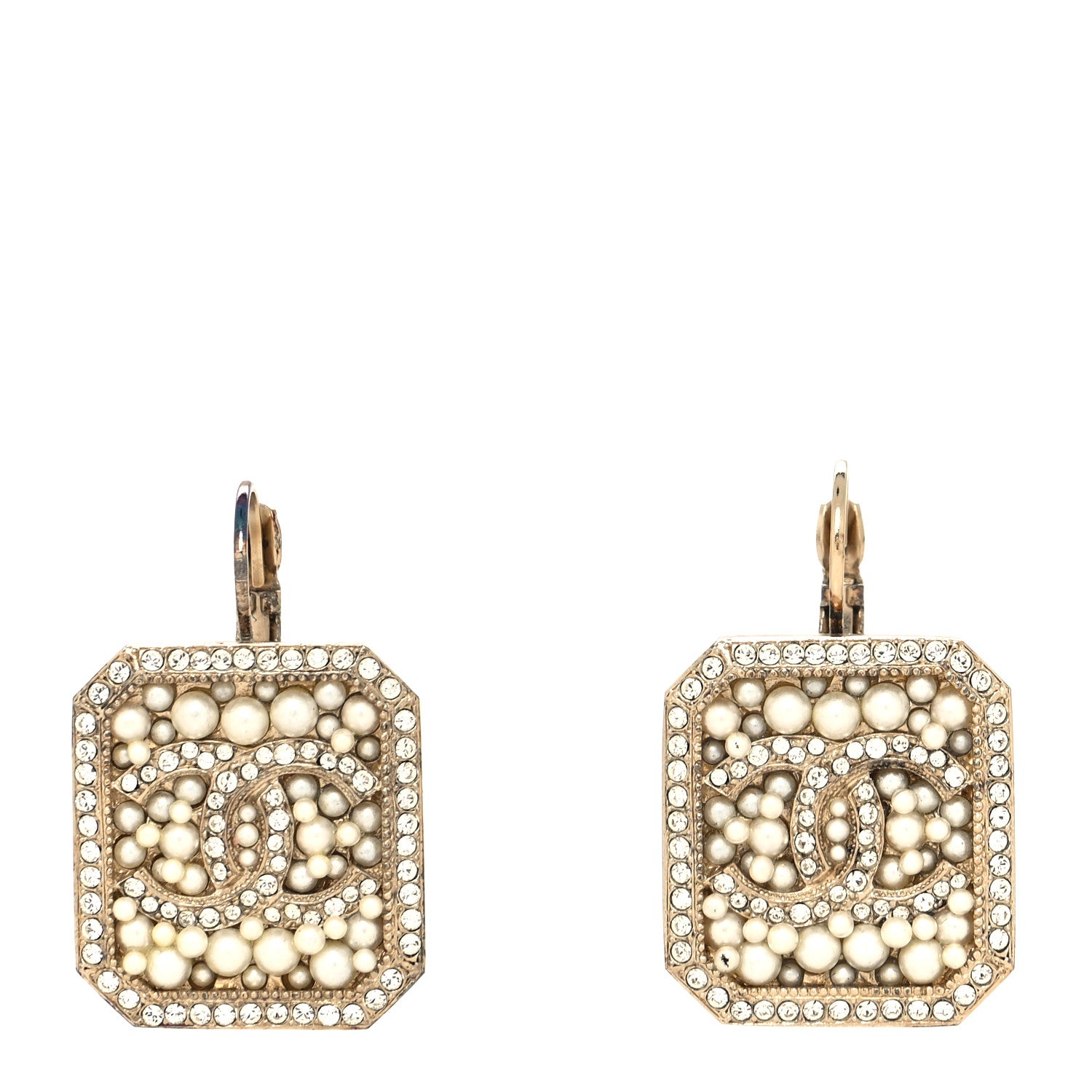 Chanel Crystal Pearl CC Square Drop Earrings Gold Pearly White 1 of 5