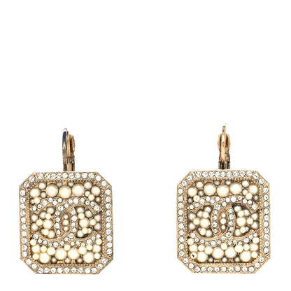 Chanel Crystal Pearl CC Square Drop Earrings Gold Pearly White 1 of 5