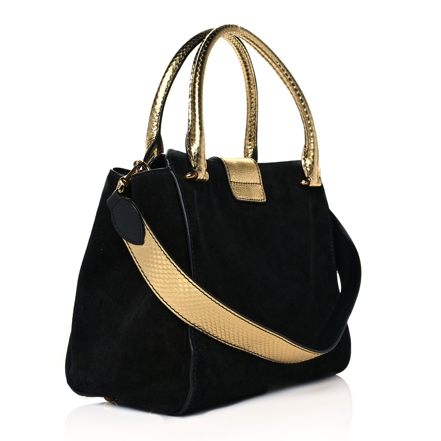 Burberry Suede Calfskin Watersnake Medium Buckle Tote Black Gold 3 of 10