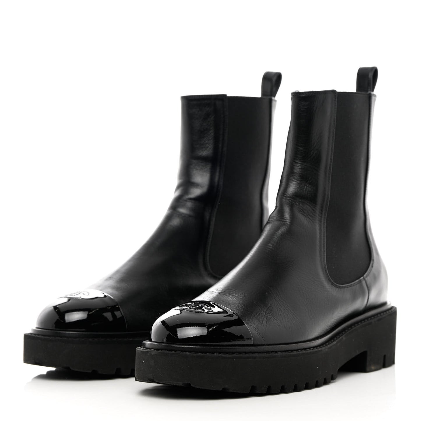 Crumpled Calfskin Patent Cap Toe Short Boots 41 Black