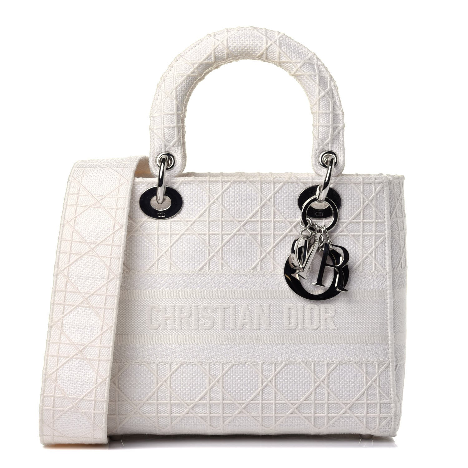 Christian Dior Canvas Embroidered Cannage Medium Lady D-Lite White 1 of 10