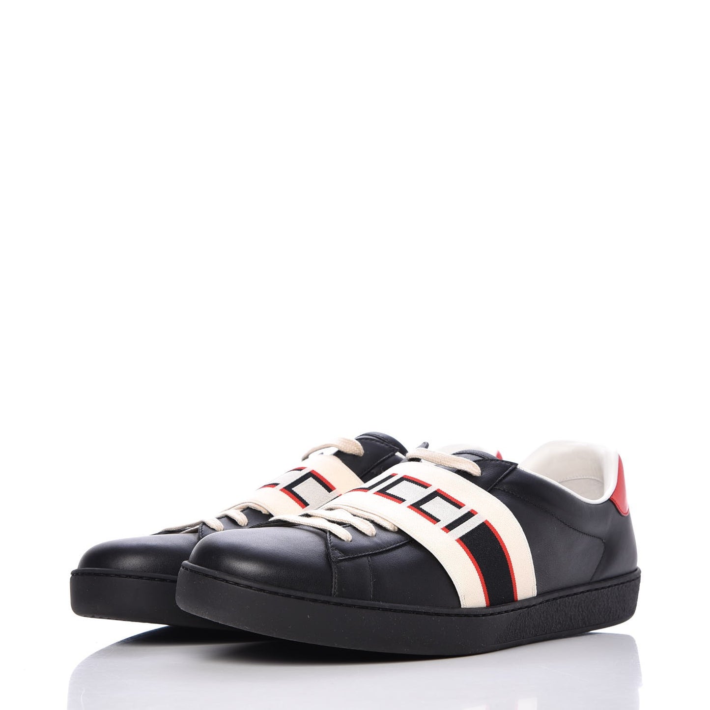 Calfskin Stripe Mens New Ace Sneakers 11 Black Ecru Red Flame