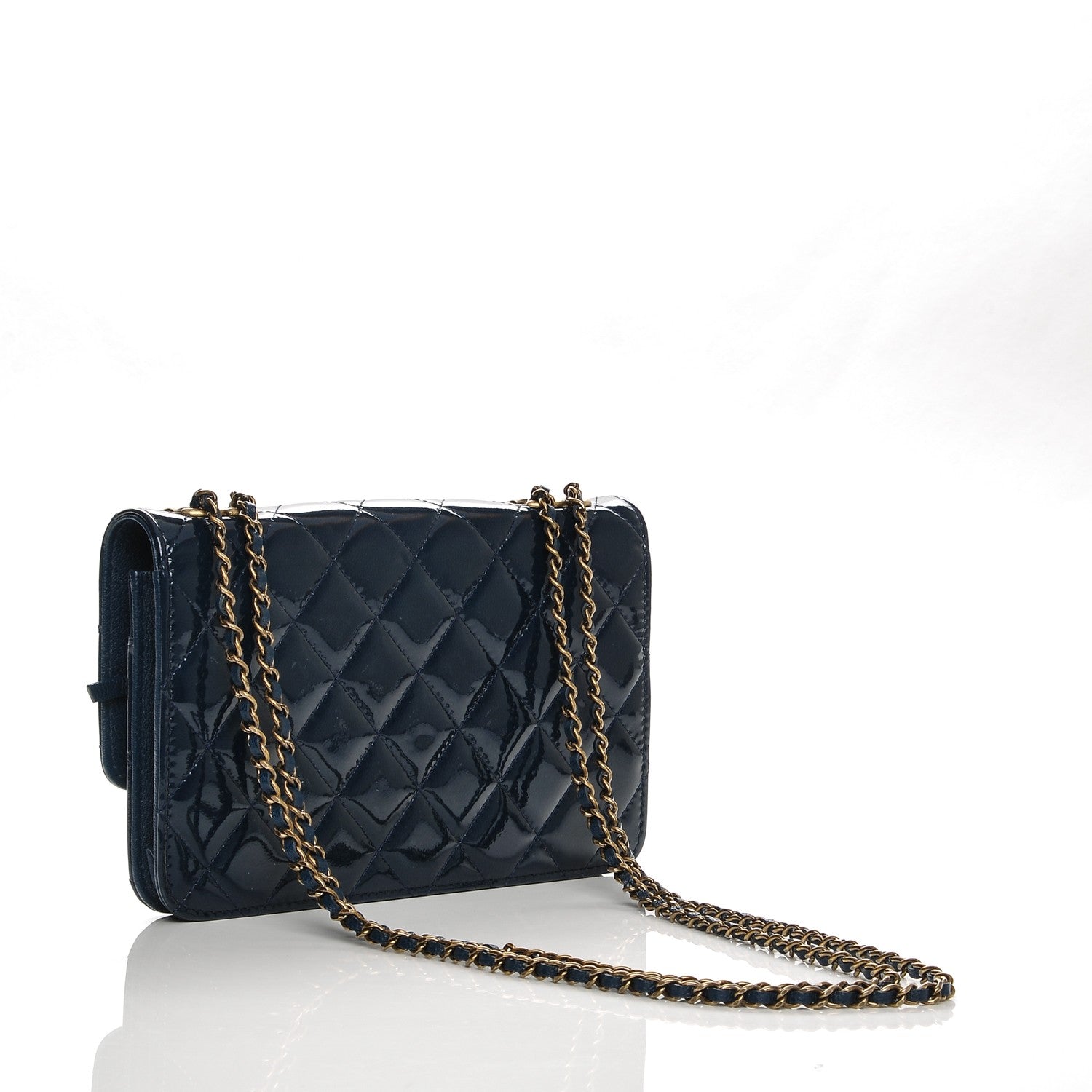 Chanel Patent Goatskin Quilted CC Eyelet Wallet On Chain WOC Blue 3 of 9