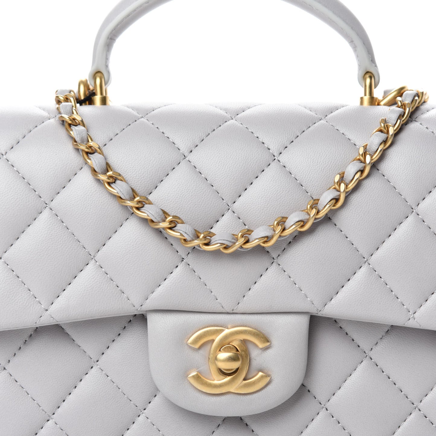 Lambskin Quilted Mini Top Handle Rectangular Flap Grey