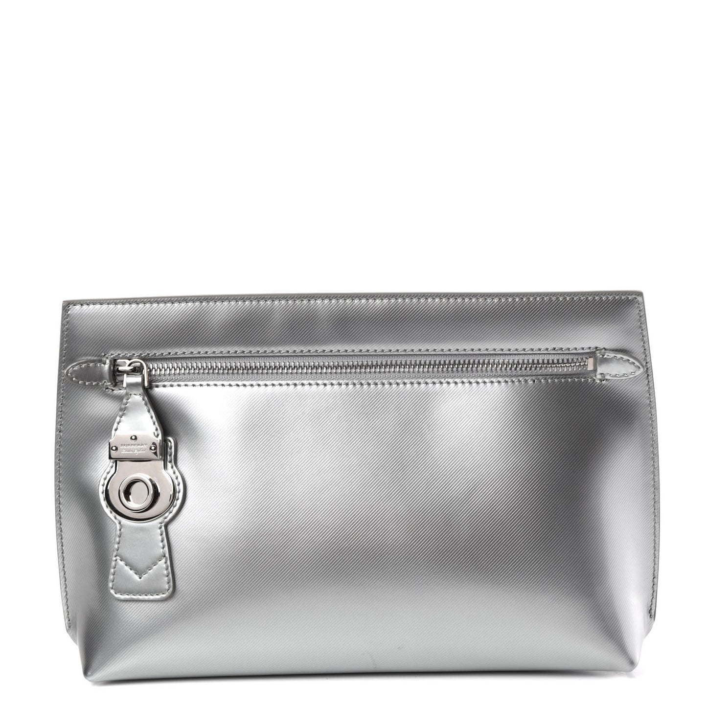 Metallic Trench Calfskin Medium Zip Lock Pouch Silver