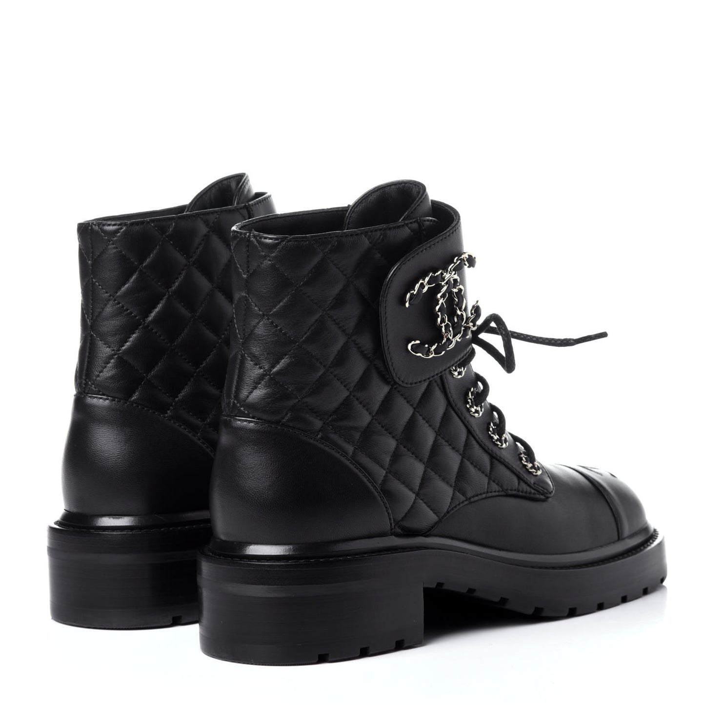 Shiny Lambskin Quilted Lace Up Combat Boots 38 Black