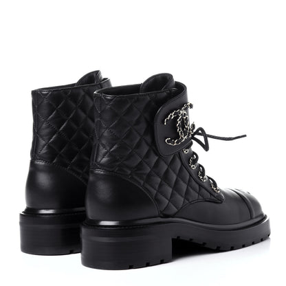 Chanel Shiny Lambskin Quilted Lace Up Combat Boots 38 Black 4 of 12