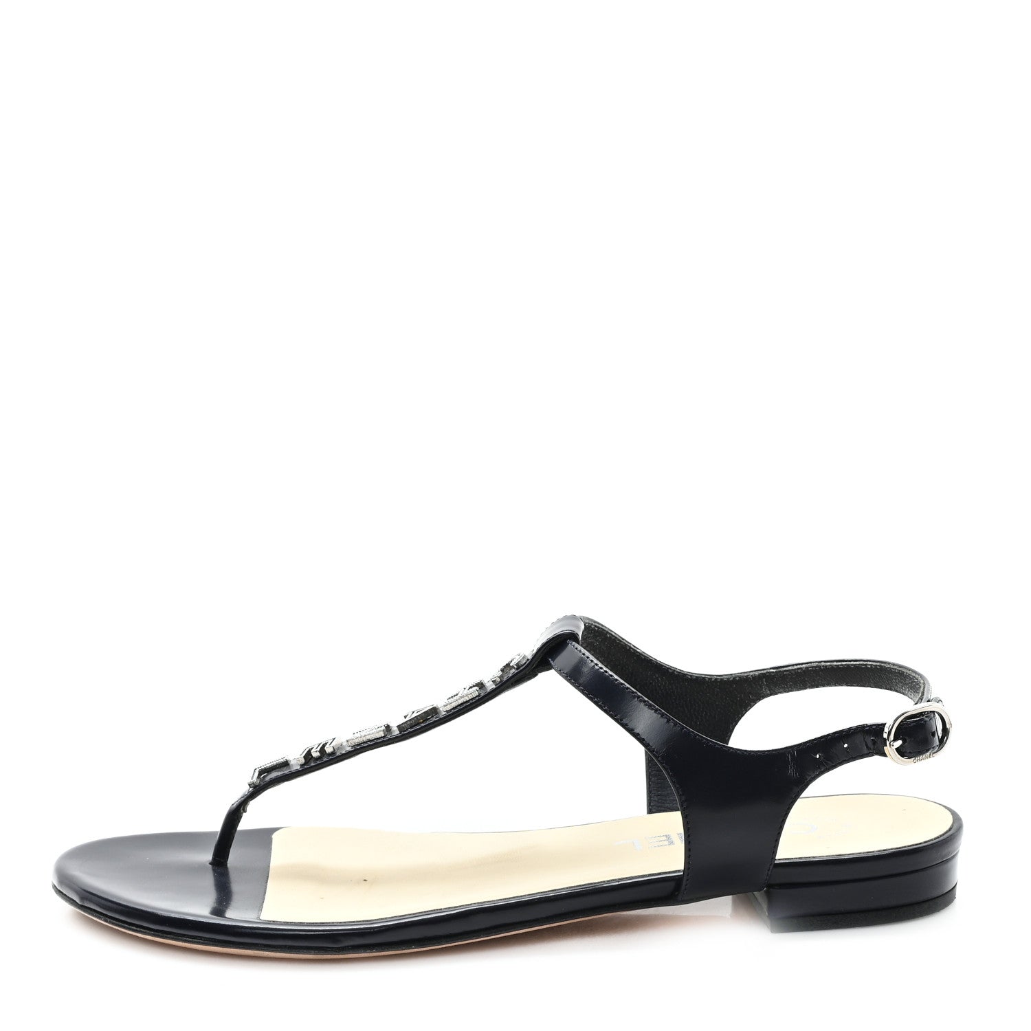 Chanel Patent Calfskin Logo Thong Sandals 38.5 Navy 1 of 8