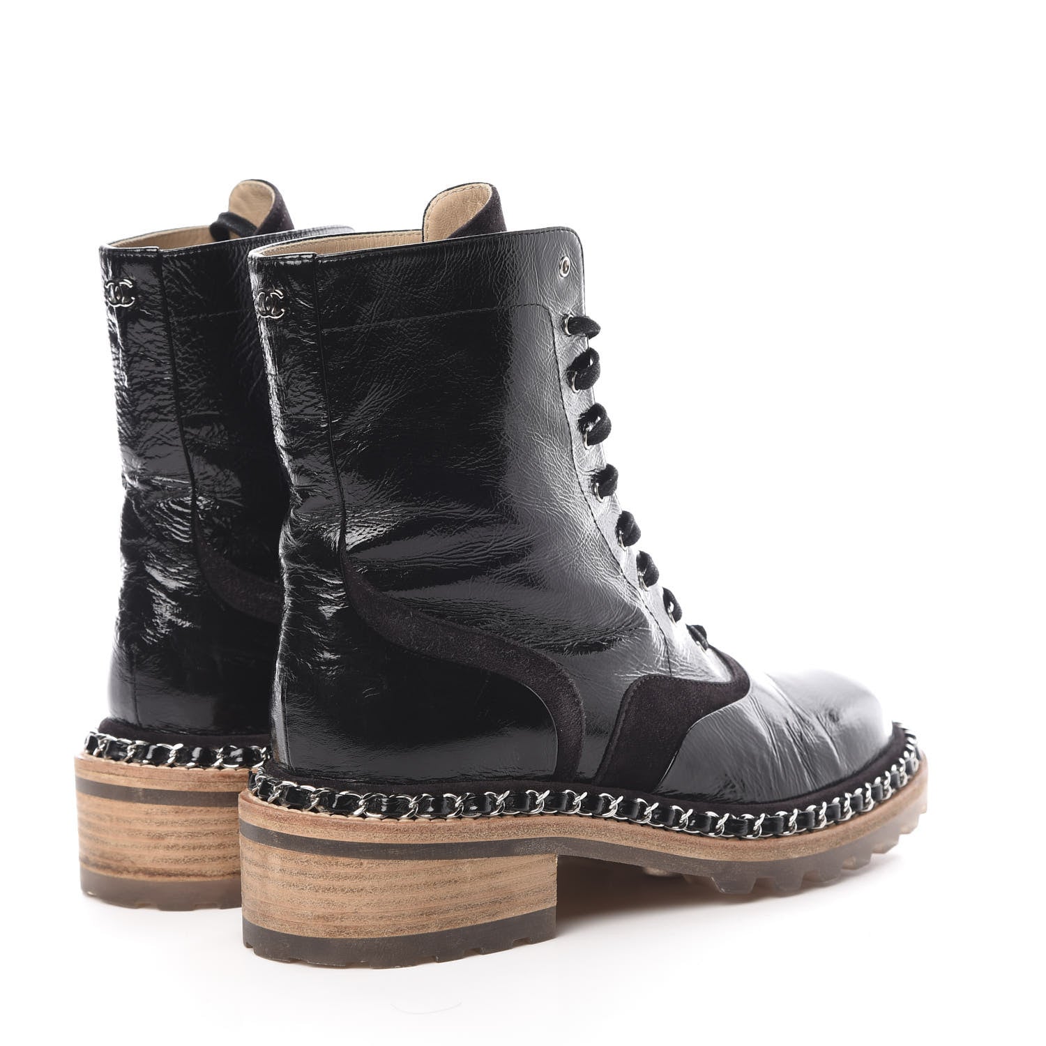 Chanel Patent Lace Up Chain Boots 37 Black 4 of 8