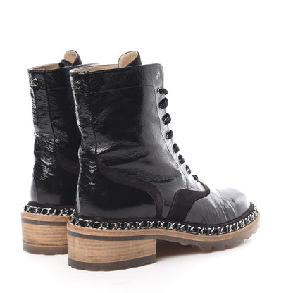 Chanel Patent Lace Up Chain Boots 37 Black 4 of 8