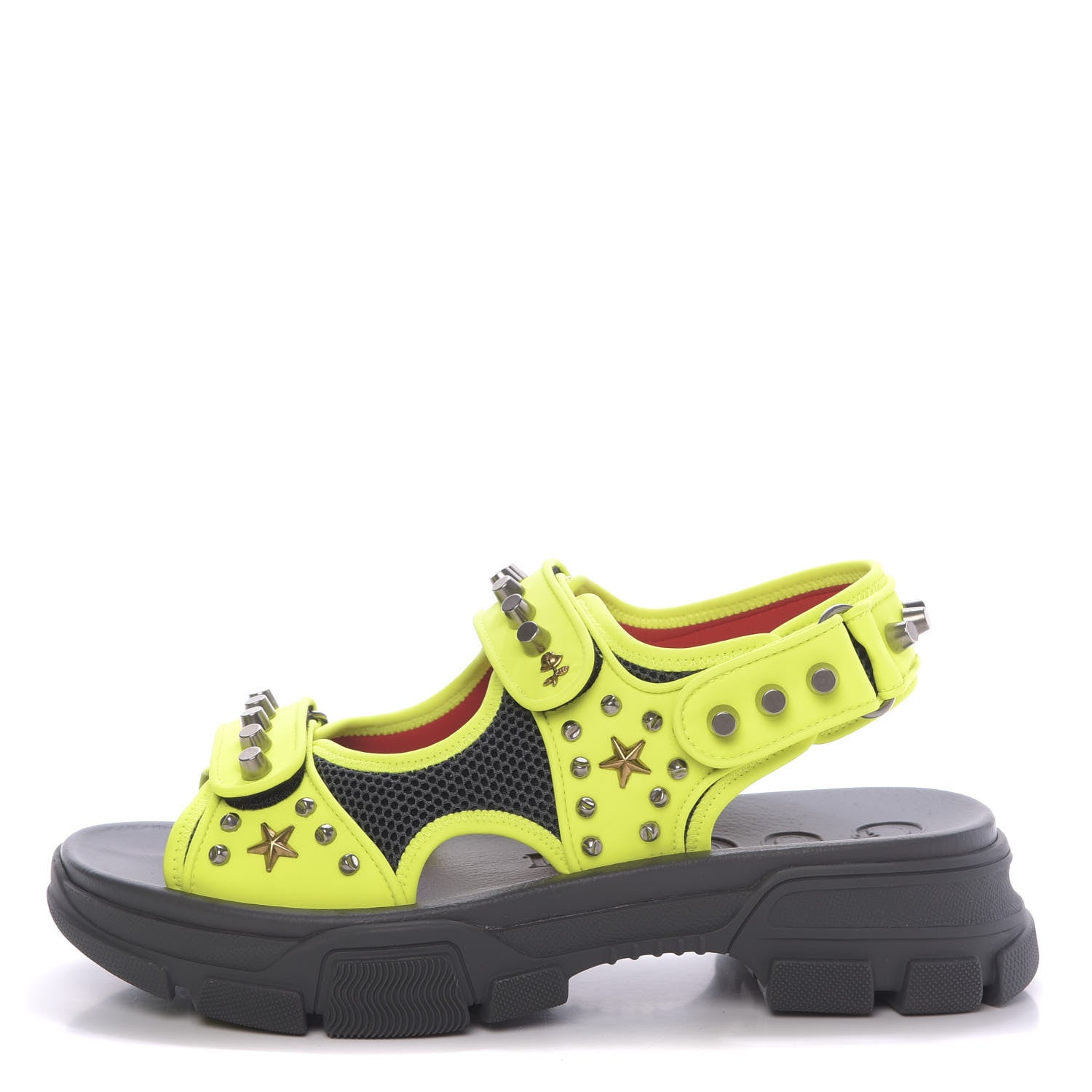 Gucci Technical Canvas Calfskin Studded Mens Aguru Sandals 9 Neon Yellow 1 of 8
