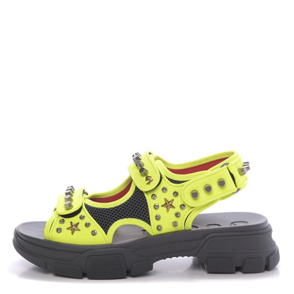 Gucci Technical Canvas Calfskin Studded Mens Aguru Sandals 9 Neon Yellow 1 of 8
