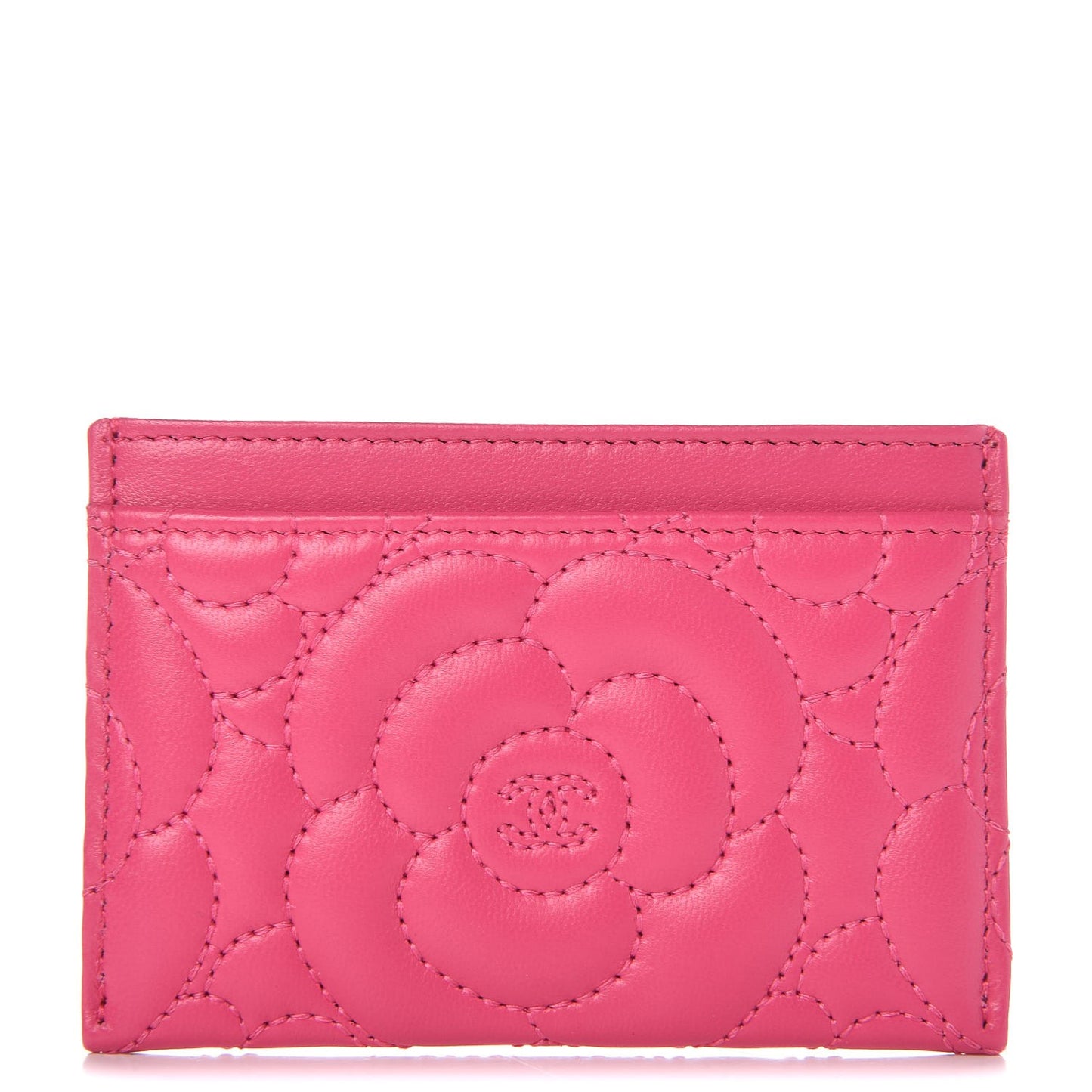 Lambskin Camellia Embossed Card Holder Fuchsia