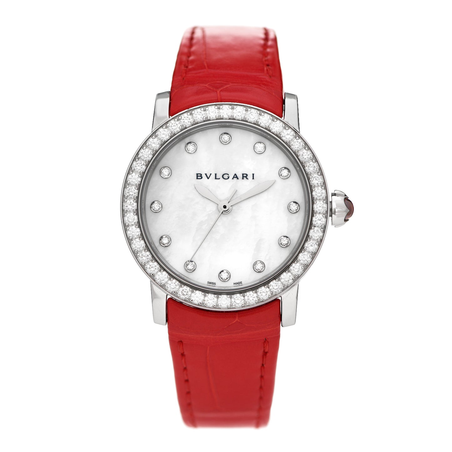 BVLGARI Stainless Steel Alligator Diamond Bezel Mother of Pearl 33mm Lucea Automatic Watch
