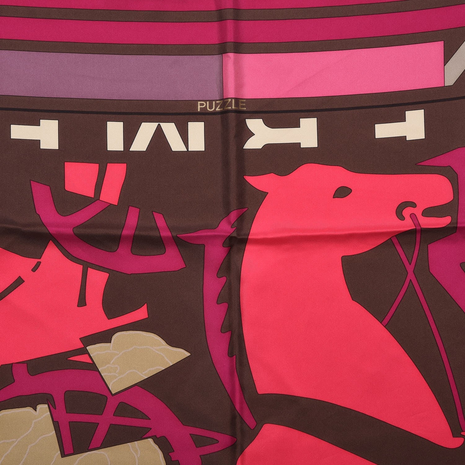 Hermes Silk Puzzle Scarf 90 Marron Glace Rose Cassis 4 of 8