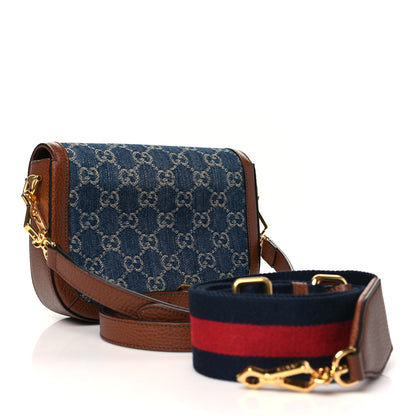 Gucci New Denim GG Monogram Dollar Calfskin Web Mini Horsebit 1955 Shoulder Bag Blue Tea Cuir Epilog 3 of 10