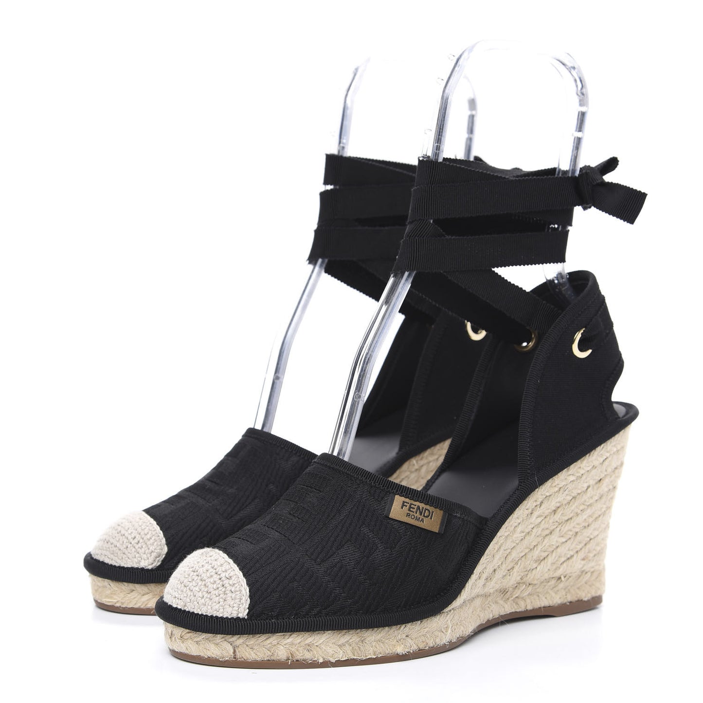 Canvas FF Embroidered Roma Ankle Wrap Espadrille Wedges 39 Black