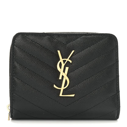 Saint Laurent Grain De Poudre Matelasse Chevron Monogram Compact Zip Around Wallet Black 1 of 8