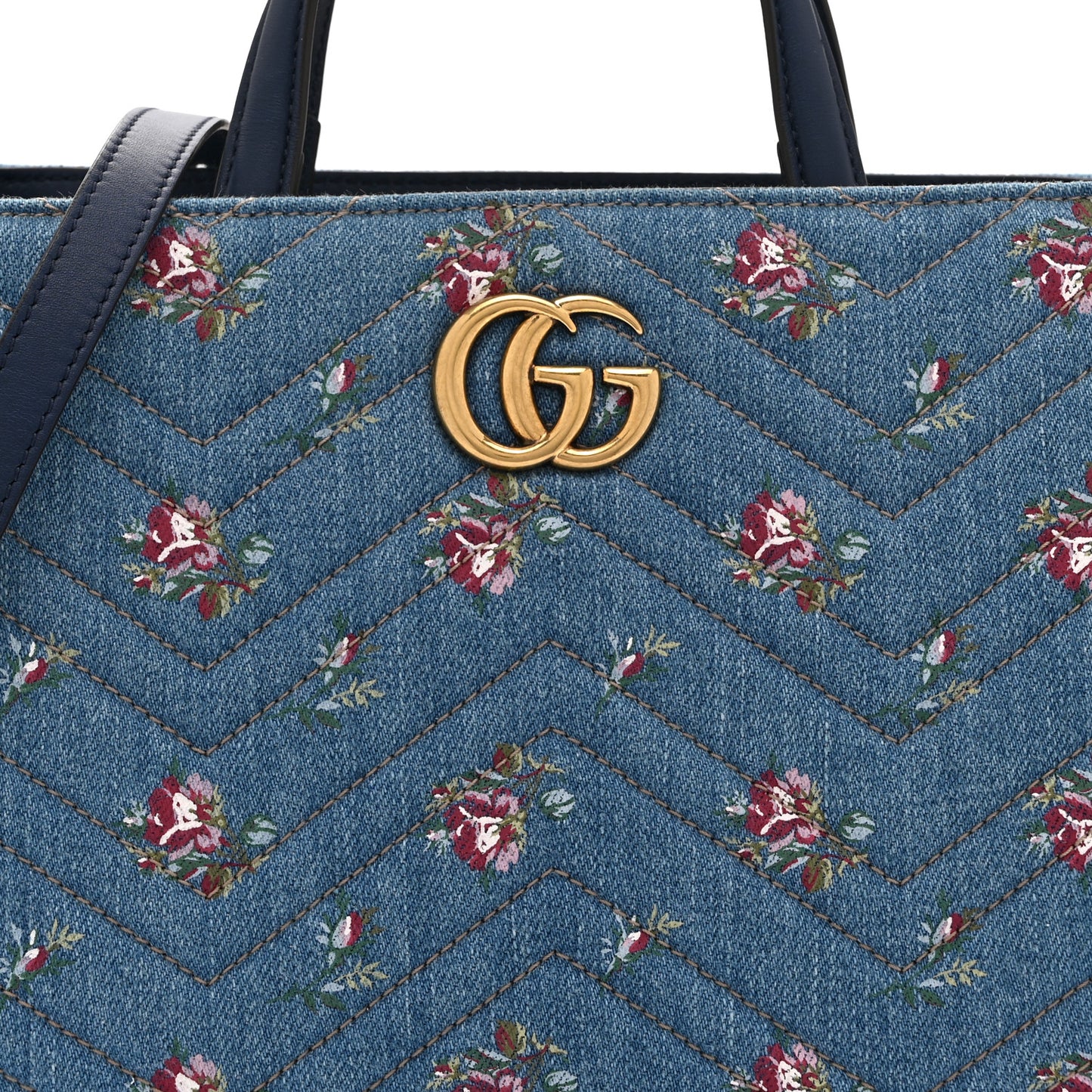 Denim Matelasse Flora Small GG Marmont Tote Blue